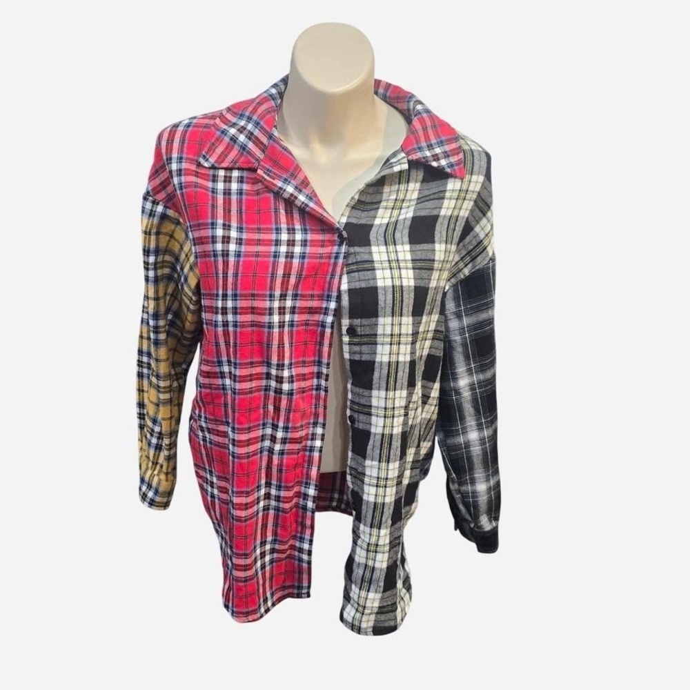 WOMENS RETRO 90'S STYLE TWO TONED PLAID BUTTON UP SIZE LARGE